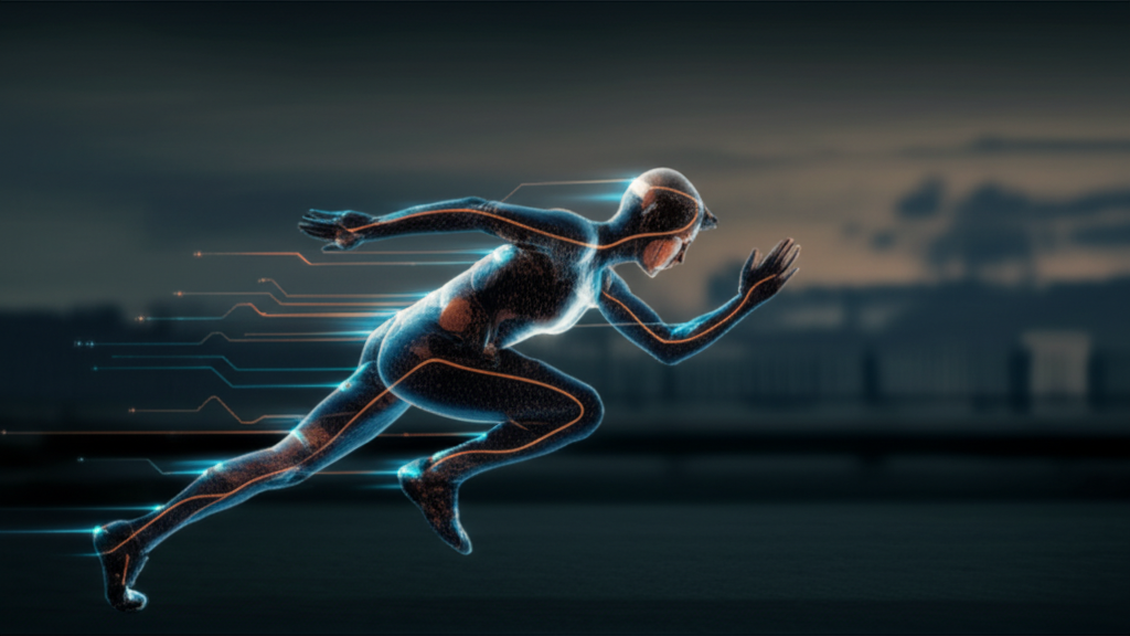 A sleek, futuristic silhouette of a person exercising, overlaid with glowing, interconnected lines representing data and personalized workout paths.