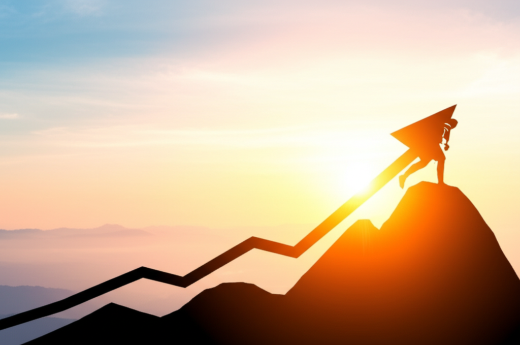 A stylized upward-trending graph showing fitness metrics (like strength, endurance, or weight loss) sharply increasing, culminating in a person silhouetted against a bright sunrise reaching the peak of a mountain.