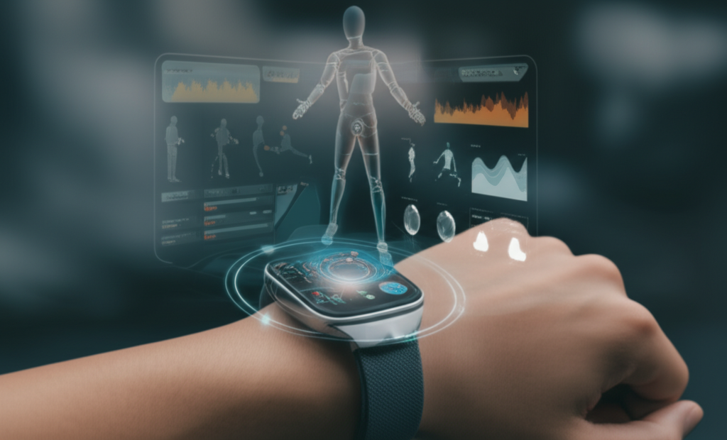 A stylized, futuristic-looking smartwatch on a wrist, with glowing lines emanating from it and connecting to a holographic projection of a dynamic, personalized workout plan (e.g., a 3D model of a person performing various exercises, or a dynamic graph showing heart rate and other biometrics alongside workout suggestions).