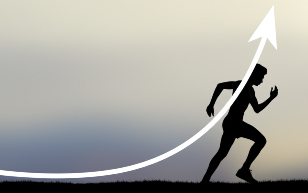 A stylized upward trending graph overlaid on a silhouette of a person exercising (perhaps running or weightlifting), with the graph line dynamically adjusting its slope and shape to follow the person's movements.
