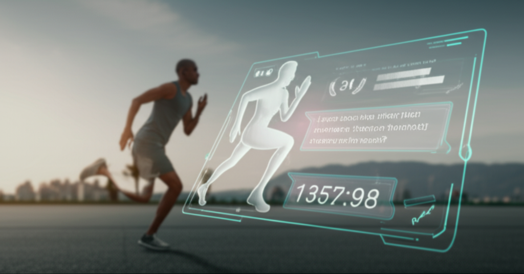 A stylized graphic showing a person working out (e.g., running, weightlifting, yoga) with a holographic or transparent overlay displaying real-time data and encouraging messages from an AI interface.