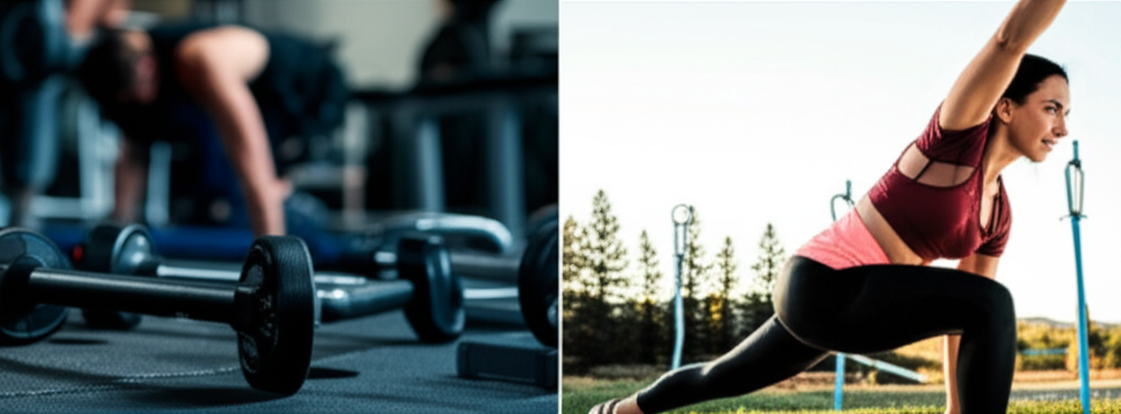 A split screen.  One side shows a blurry, indistinct image of a person struggling with a generic workout routine (think poorly lit gym with generic exercise equipment). The other side shows a sharp, vibrant image of a person confidently and smoothly performing a personalized exercise, perhaps outdoors in nature or in a sleek, modern setting with technologically advanced equipment.