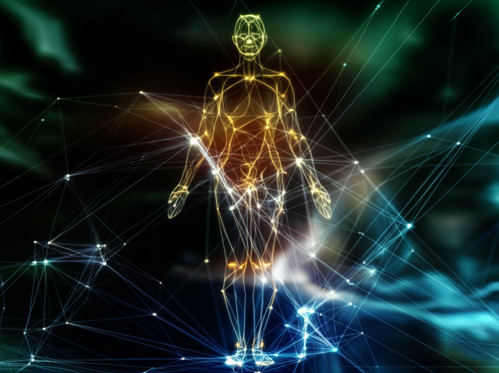 A stylized, abstract representation of a human body overlaid with a network of glowing lines and nodes, pulsing with light, suggesting data analysis and interconnectedness.