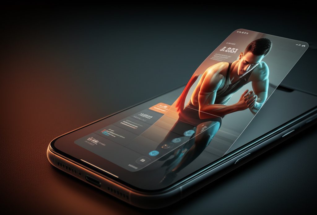 A sleek, modern smartphone displaying a personalized workout plan on its screen, with a stylized, partially transparent overlay of a fit person exercising in the background.