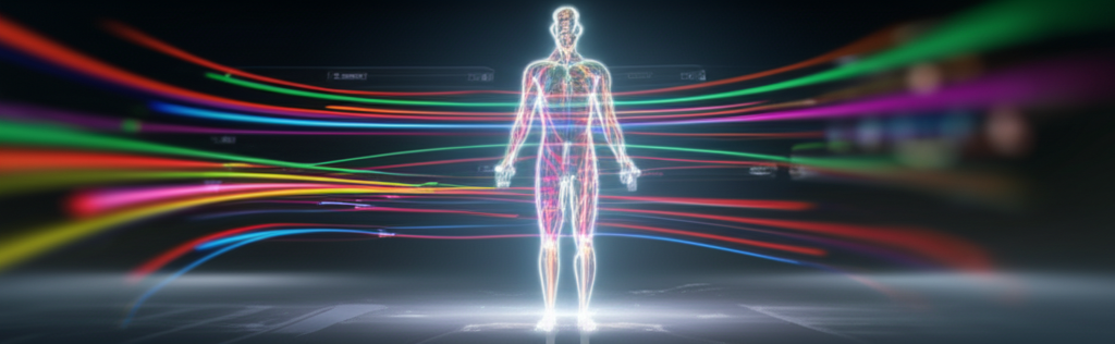 A stylized, futuristic interface showing a holographic projection of a person's body, overlaid with dynamic, glowing lines representing a personalized workout plan.  The lines connect various body parts and shift/change in intensity to represent different exercises over time.