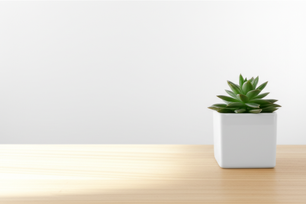 A single, perfectly arranged succulent in a minimalist white pot, sitting on a simple, light-colored wooden table against a clean, bright white wall.  Sunlight streams in from an unseen window, casting a soft glow.