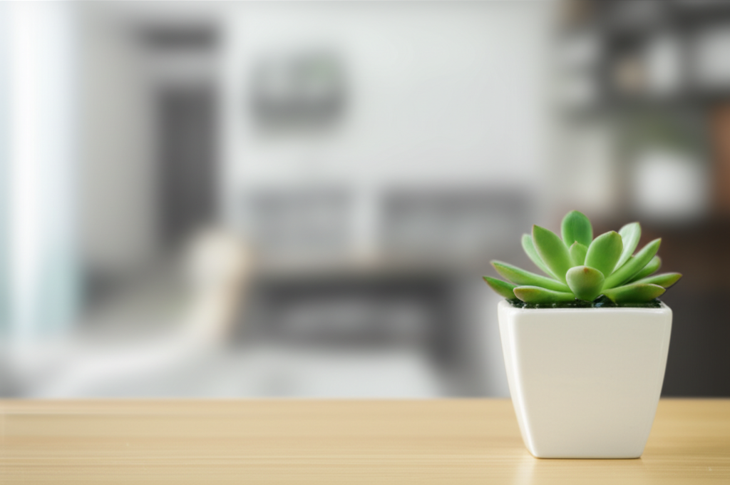 A single, perfectly arranged succulent in a small, simple pot, sitting on a minimalist, light-colored wooden table against a blurred background of a serene, minimalist living space.