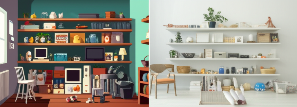 A split image.  One side shows a cluttered room, overflowing with possessions and looking chaotic. The other side shows the same room, but minimalist and organized, bright, airy, and peaceful.