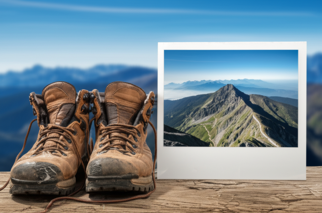 A pair of worn, well-loved hiking boots next to a stunning landscape photograph.