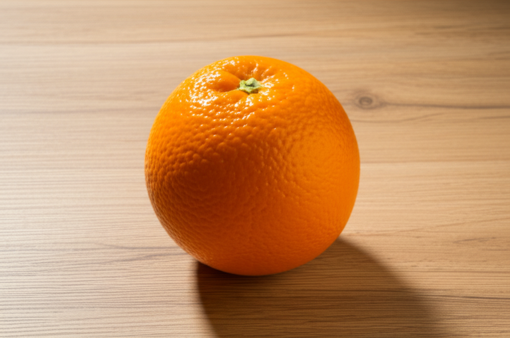 A single, perfectly ripe, juicy-looking orange, sitting on a simple wooden table, bathed in soft, natural light.
