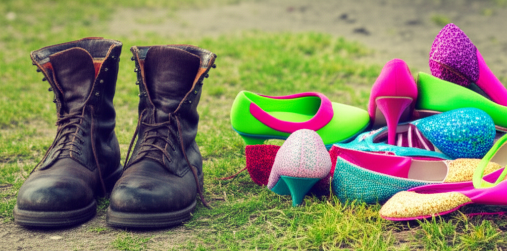 A pair of well-worn, comfortable leather boots next to a pile of discarded, brightly colored, trendy but cheaply made shoes.