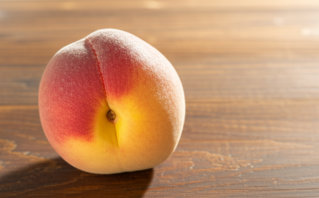A single, perfectly ripe peach resting on a simple wooden table, bathed in soft, warm sunlight.