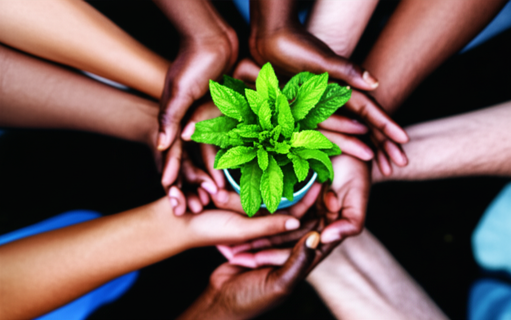A close-up shot of hands, diverse in skin tone and age, intertwined around a single, small potted plant.
