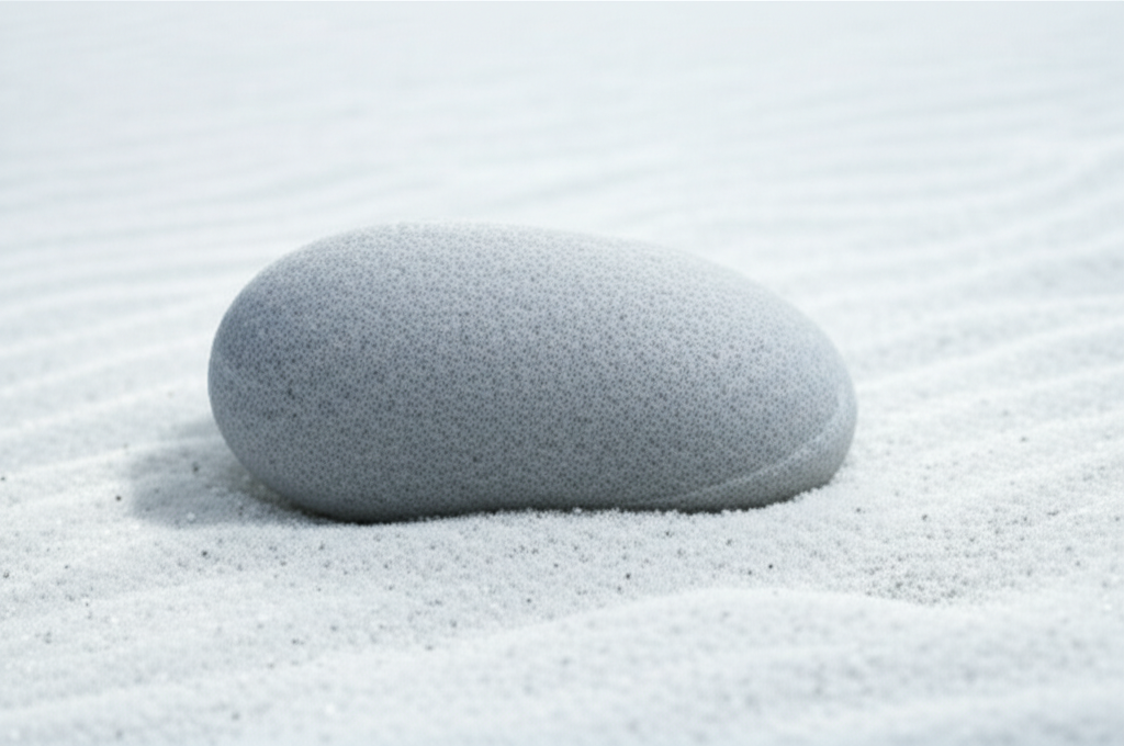 A single, perfectly smooth, grey river stone resting on a bed of white sand, illuminated by soft, natural light.
