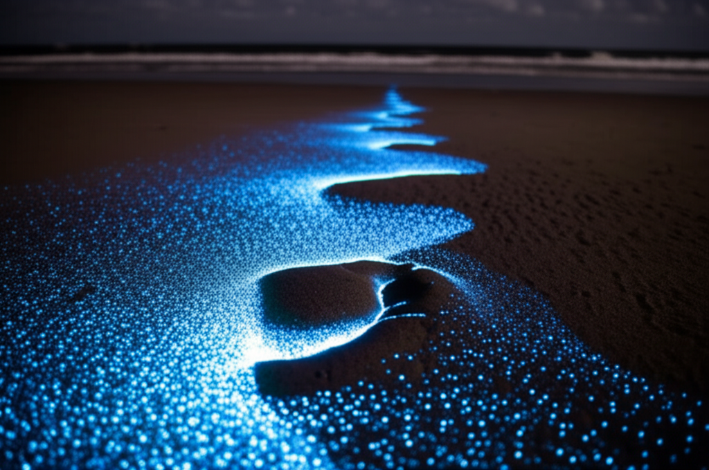 A single, glowing footprint fading into the dark sand of a bioluminescent beach, with the ocean softly visible in the background.