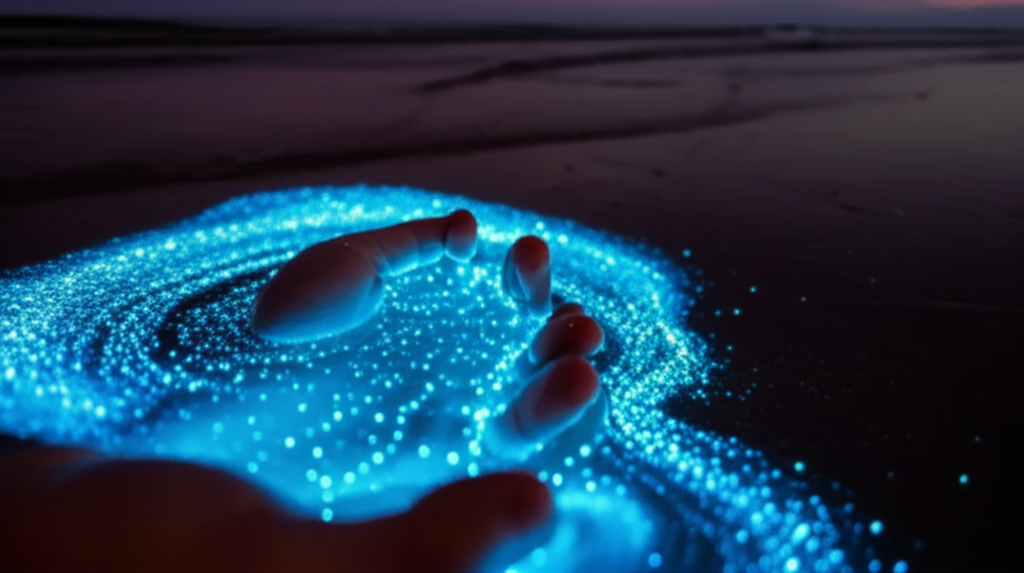 A close-up shot of a hand gently cupping bioluminescent water, showing the glowing phytoplankton sparkling and swirling within the hand's curve, against a dark, night-time beach background.