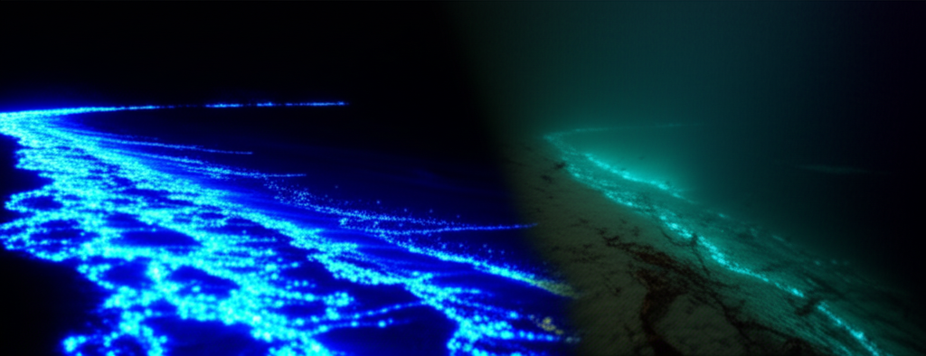 A starkly contrasting split image.  One side shows a vibrant, glowing bioluminescent beach at night. The other side shows the same beach, but submerged under dark, murky water, with debris and a barely visible, faint glow.
