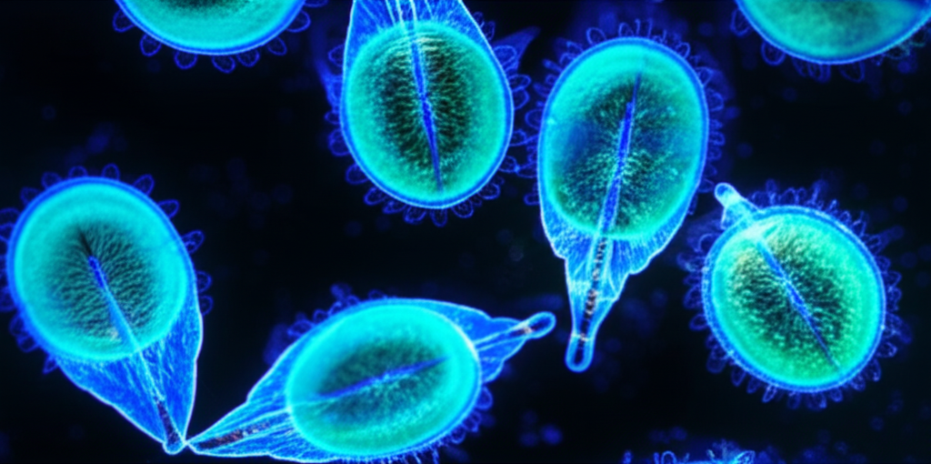 A microscopic close-up of bioluminescent dinoflagellates, glowing brightly against a dark background.