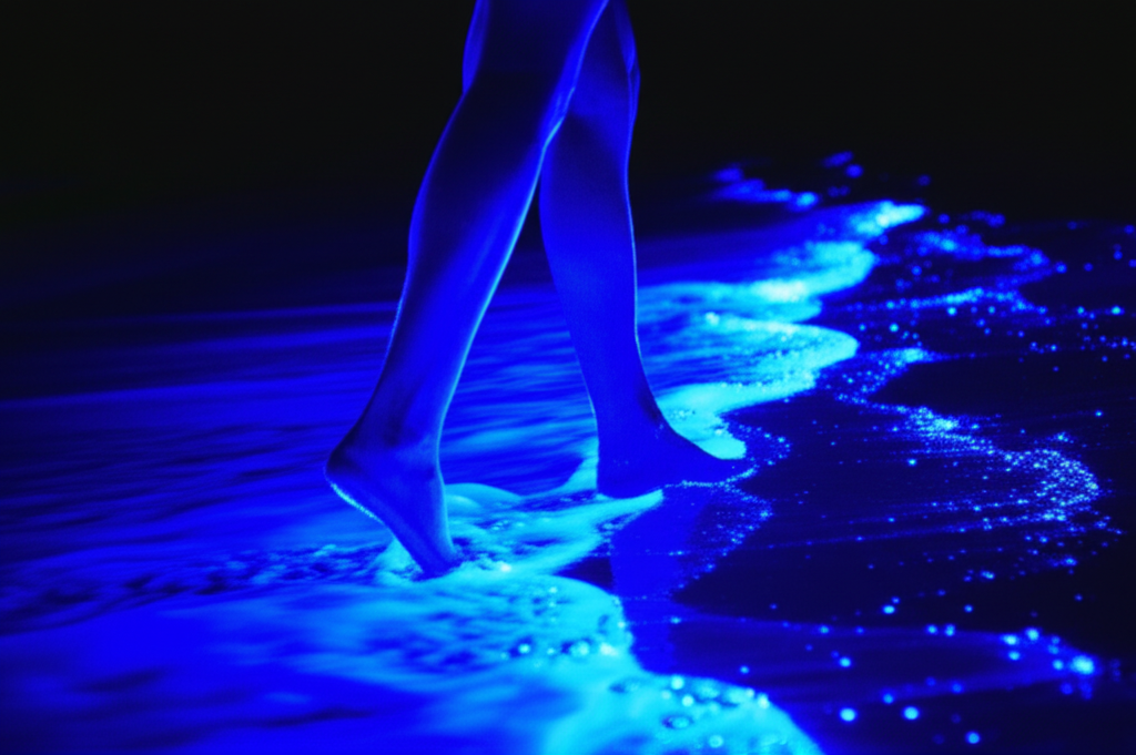 A close-up shot of bare feet walking gently on a bioluminescent beach at night, the sand and waves glowing intensely with blue light.  The focus should be on the contrast between the dark night sky and the vibrant glow of the water and sand around the feet.