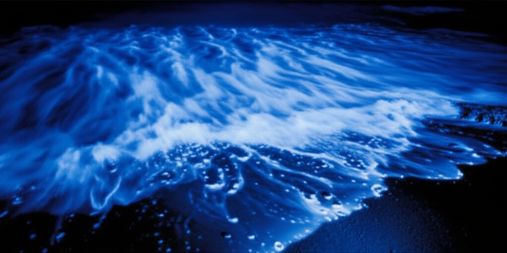 A close-up shot of bioluminescent waves breaking on a dark beach at night, showing the bright blue glow of the water and the dark sand.