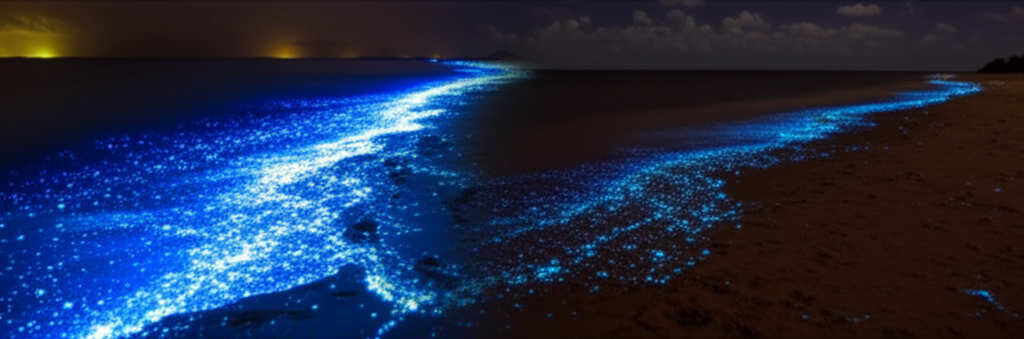 A split image:  One side shows a vibrant, brightly bioluminescent beach at night, teeming with glowing organisms. The other side shows the same beach, but dark, lifeless, and devoid of any bioluminescence.