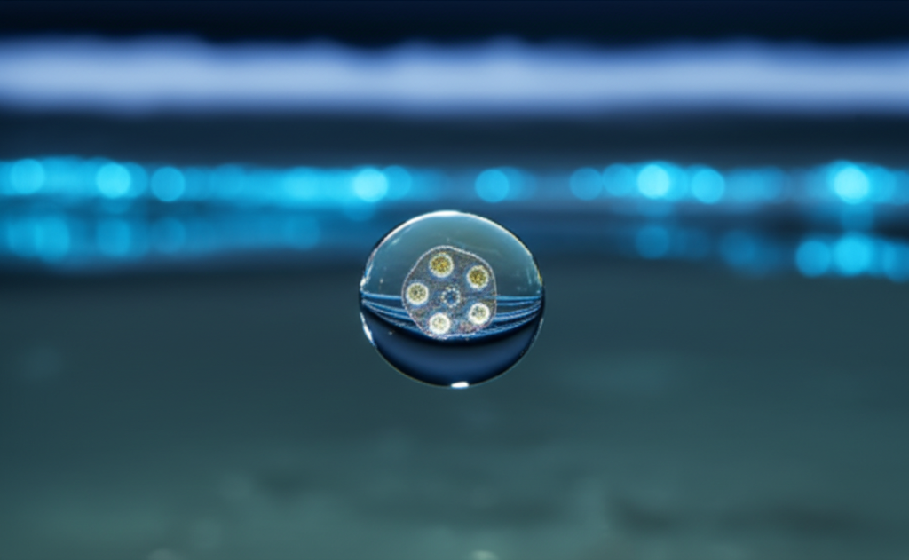 A close-up shot of a single, delicate bioluminescent organism (e.g., a dinoflagellate) in a drop of ocean water, with the background subtly blurred to show a beach at night with faint glowing waves in the distance.