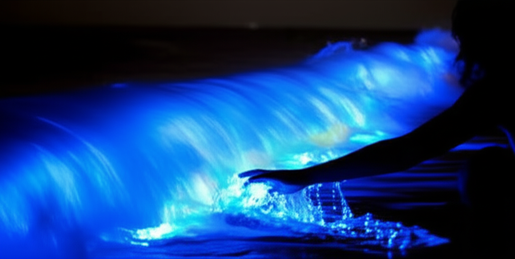 A close-up shot of a single wave breaking on a beach at night, the water glowing with intense bioluminescence, with the dark silhouette of a person's hand reaching into the glowing water.