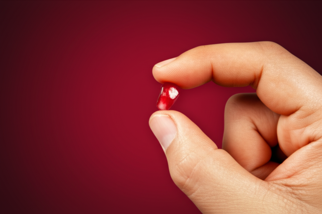 A close-up of a vibrant, healthy-looking human hand gently holding a single, perfectly ripe, glistening pomegranate seed.