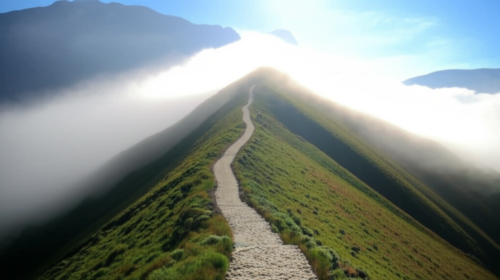 A long, winding, upward-sloping path disappearing into a bright, sunlit, misty mountain peak.