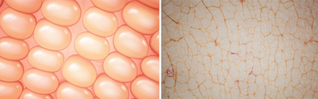 A close-up shot of healthy, glowing skin cells rapidly multiplying and repairing themselves, contrasted with a shot of dull, damaged cells that are slow or not repairing.