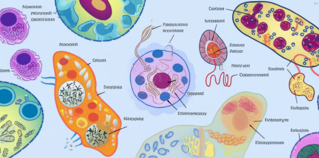 A stylized microscopic view of cellular structures undergoing autophagy, with the cellular components clearly labeled.