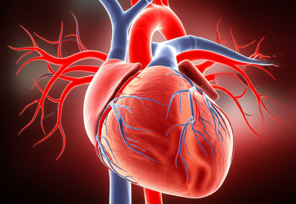 A close-up of a healthy, strong heart beating rhythmically, surrounded by vibrant, flowing blood vessels.