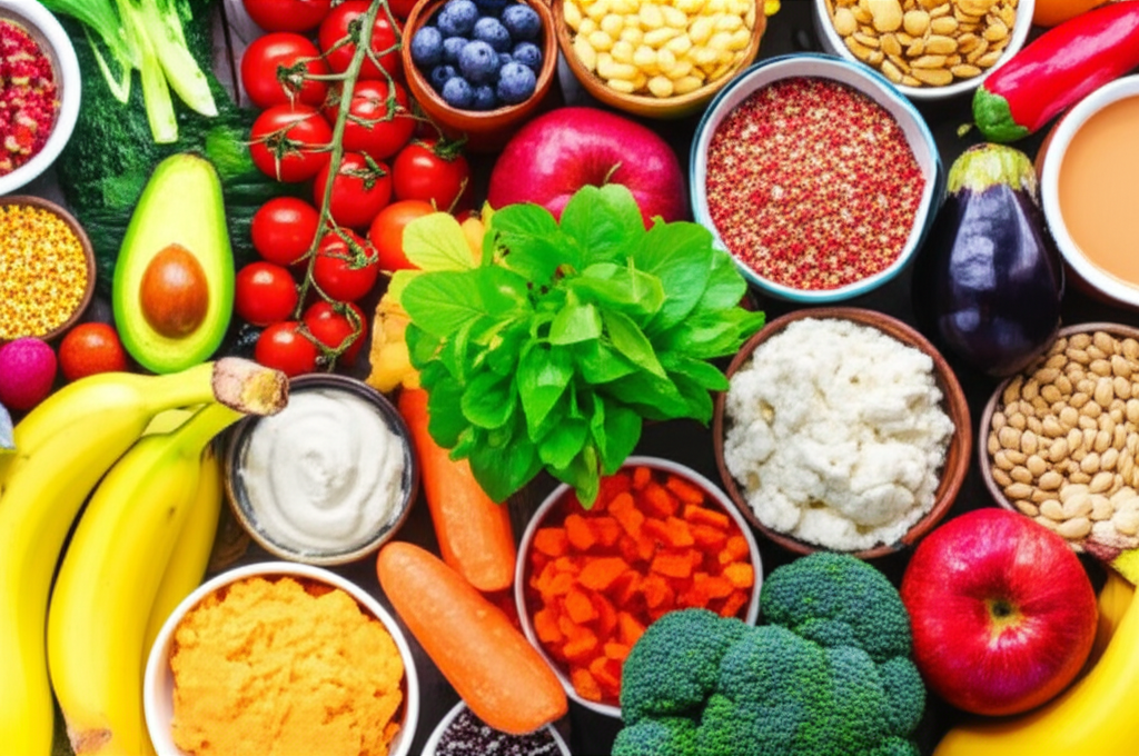 A vibrant, colorful close-up of a diverse array of healthy foods (fruits, vegetables, fermented foods) arranged artfully around a single, flourishing plant.