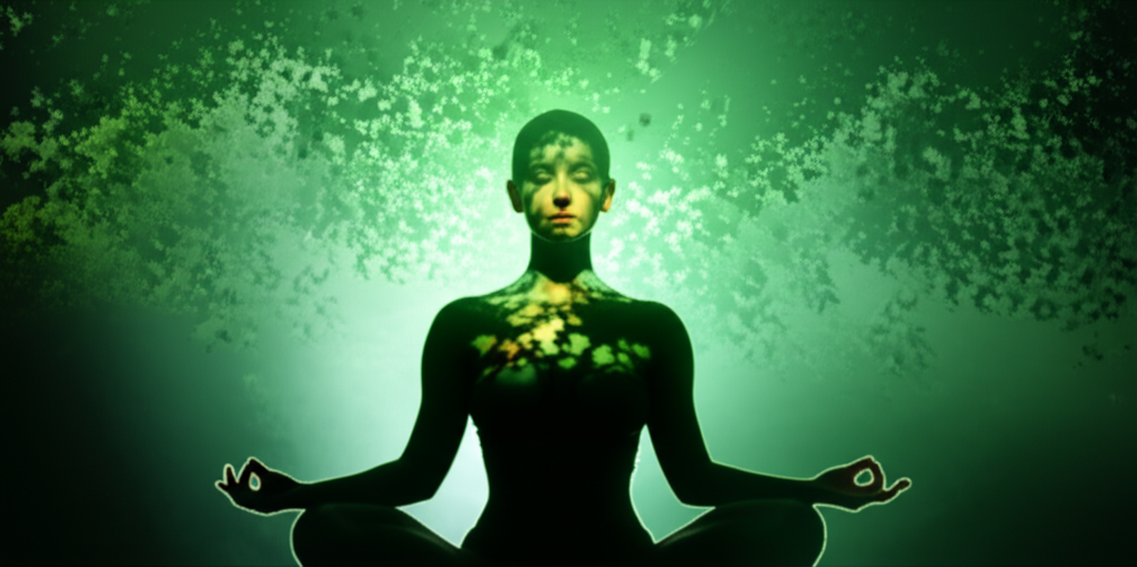 A person sitting serenely in a lotus position, sunlight dappling through leaves onto their face, a subtle green-tinged glow emanating from them.
