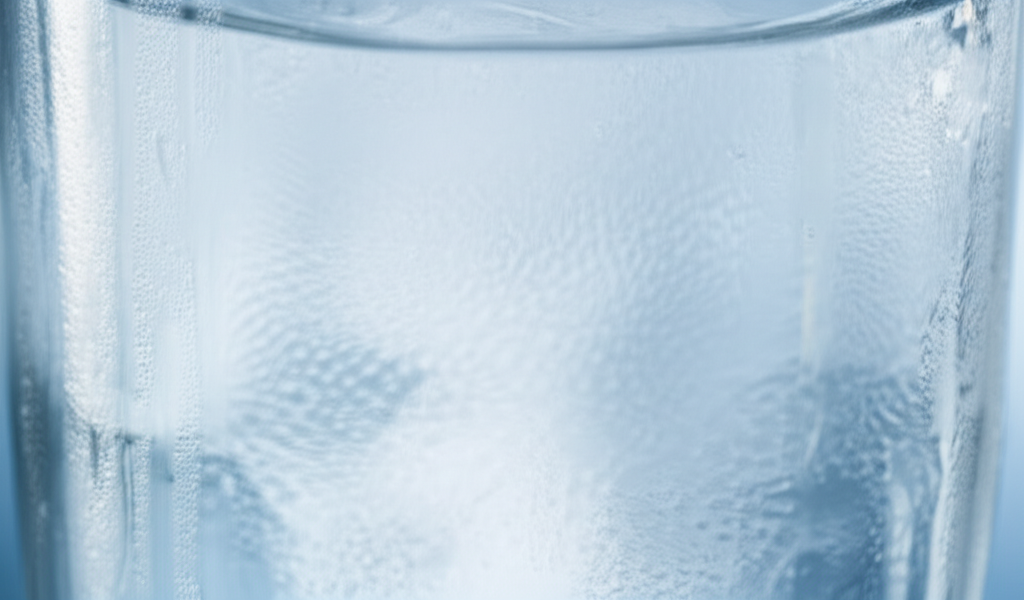 A close-up shot of a glass of clear water with ice, condensation on the outside of the glass, and subtle, almost imperceptible, hexagonal patterns faintly visible within the water itself.