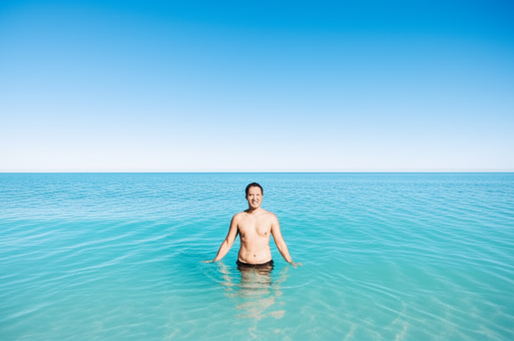 A person, appearing healthy and vibrant, smiling serenely while standing waist-deep in a clear, cold, natural body of water (like a lake or ocean) on a sunny day.