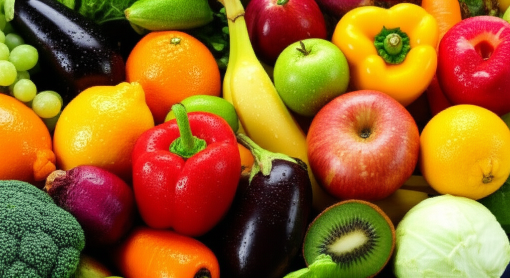 A vibrant, close-up shot of a diverse array of colorful fruits and vegetables, glistening with dew or water droplets.