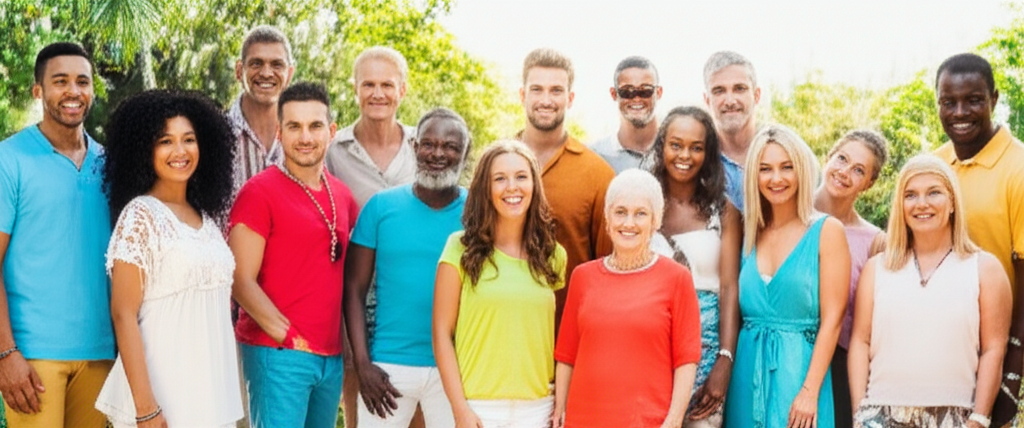 A diverse group of smiling people of different ages, body shapes, and ethnicities,  all stylishly dressed in a variety of summer clothing, posing confidently in a vibrant, sunny outdoor setting.