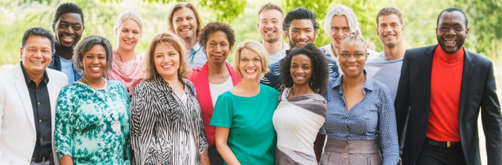 A diverse group of people of all shapes, sizes, ages, and ethnicities, smiling confidently and radiating joy, each wearing stylish and flattering outfits.