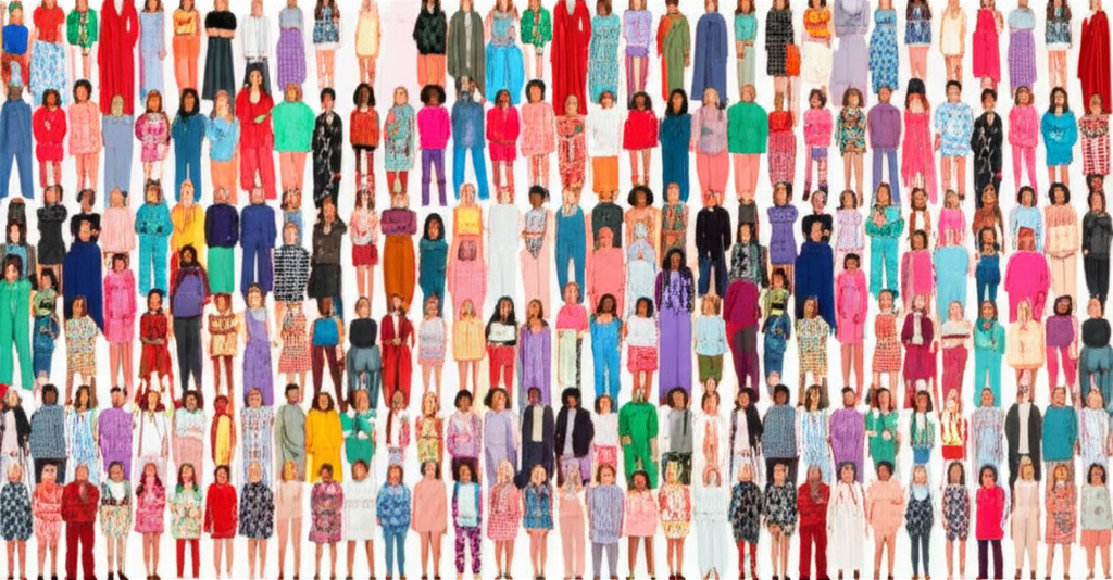 A vibrant collage of diverse individuals of all shapes, sizes, and ethnicities, each wearing outfits that reflect different moods and styles – playful, sophisticated, edgy, relaxed, etc.  The clothing should be colorful and expressive.
