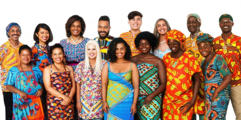 A diverse group of people of different sizes, ages, and ethnicities, all smiling confidently and wearing vibrant, patterned clothing that complements their individual styles.