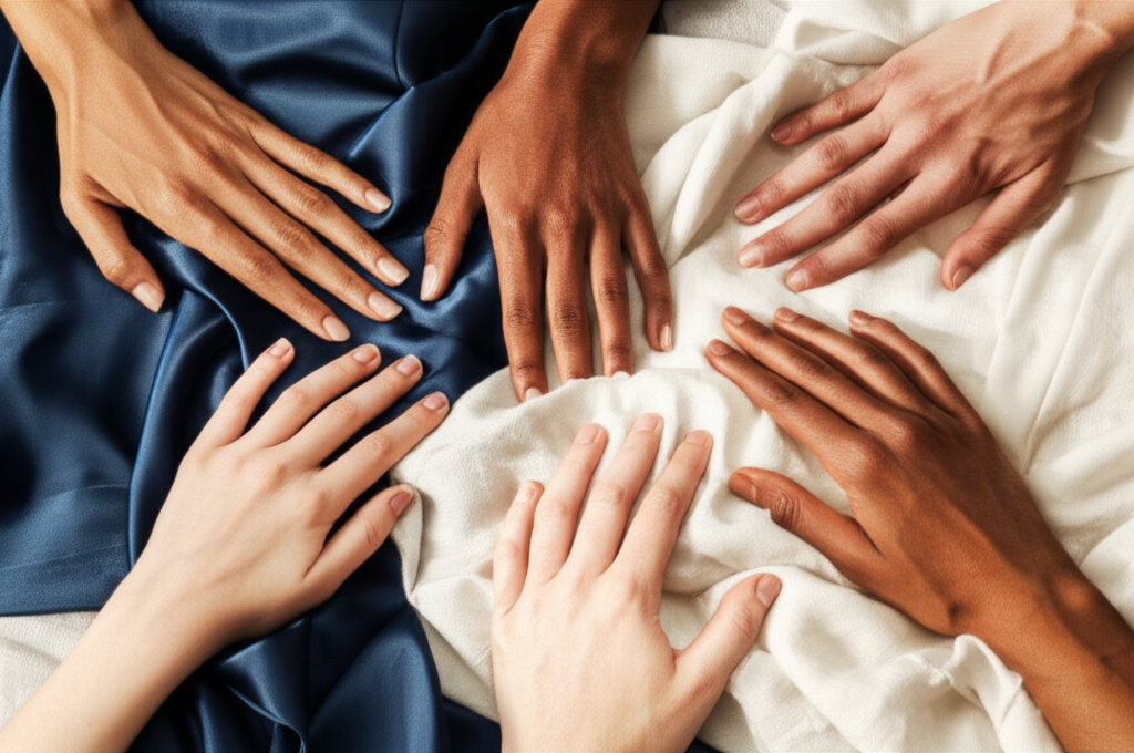 A close-up shot of a diverse group of hands (different skin tones, ages, sizes) gently touching luxurious fabrics like silk, linen, and soft cotton.