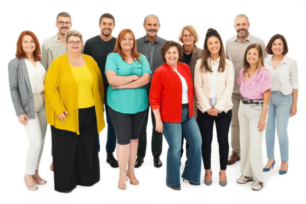 A diverse group of people of different ages, body types, and ethnicities, all smiling confidently and wearing stylish, flattering outfits that reflect their individual personalities.
