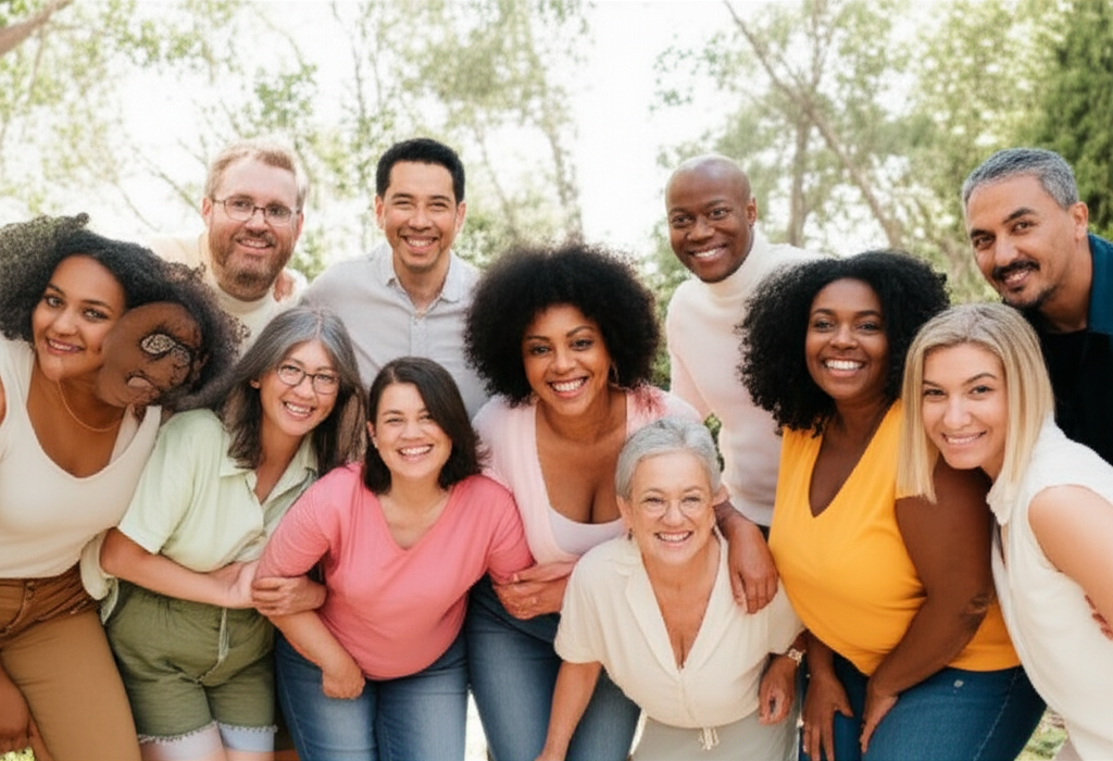 A diverse group of people of different ages, body types, and ethnicities, smiling confidently and radiating self-love, wearing comfortable and stylish clothing made from natural, sustainable fabrics.  They are posed in a relaxed, candid way, perhaps in a park or a brightly lit, airy studio.