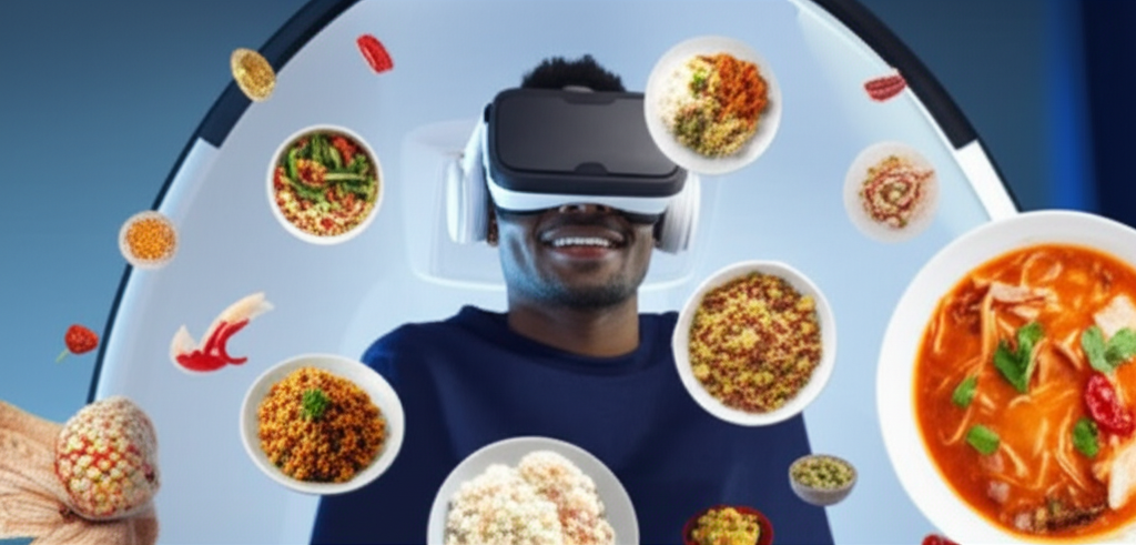 A person wearing a VR headset, smiling serenely, with vibrant, realistic-looking food from various global cuisines floating seemingly around them within the confines of a sleek, futuristic VR pod.