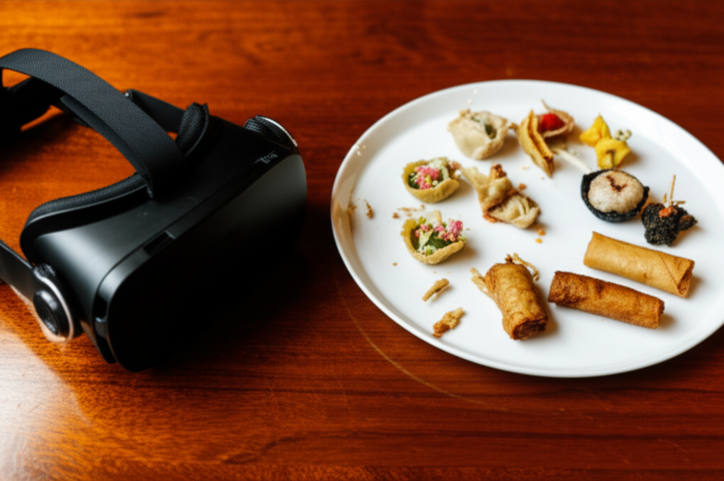 A VR headset lying on a table next to a half-eaten plate of diverse, globally-inspired miniature foods.