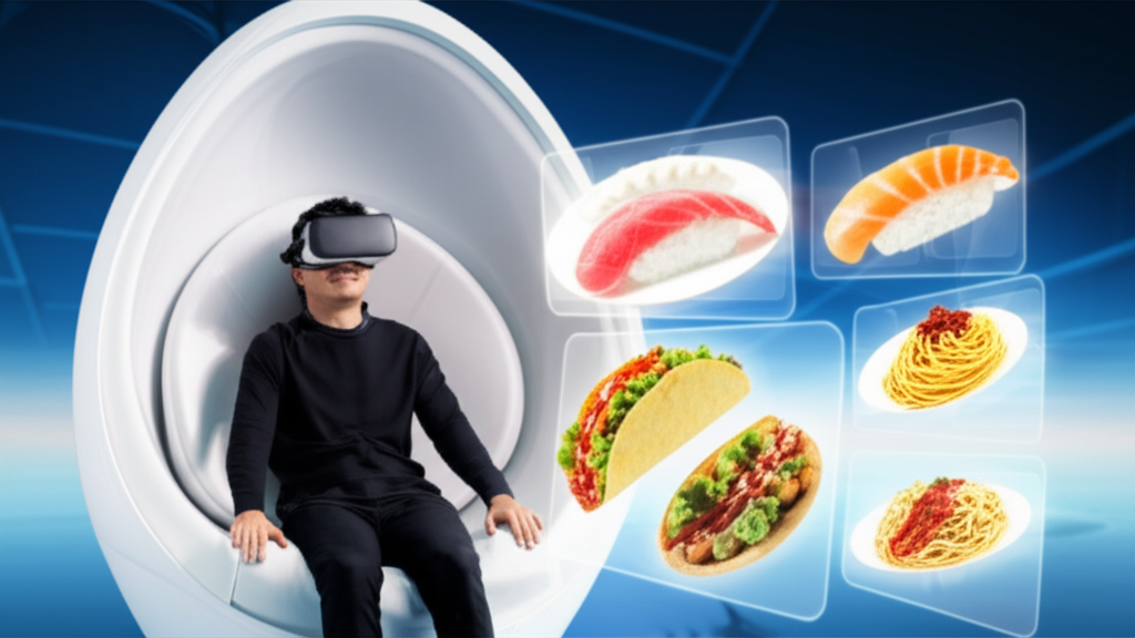 A person wearing a VR headset, sitting comfortably in a futuristic egg-shaped pod, smiling serenely as holographic food items, representing diverse cuisines (e.g., sushi, tacos, pasta), float around them.
