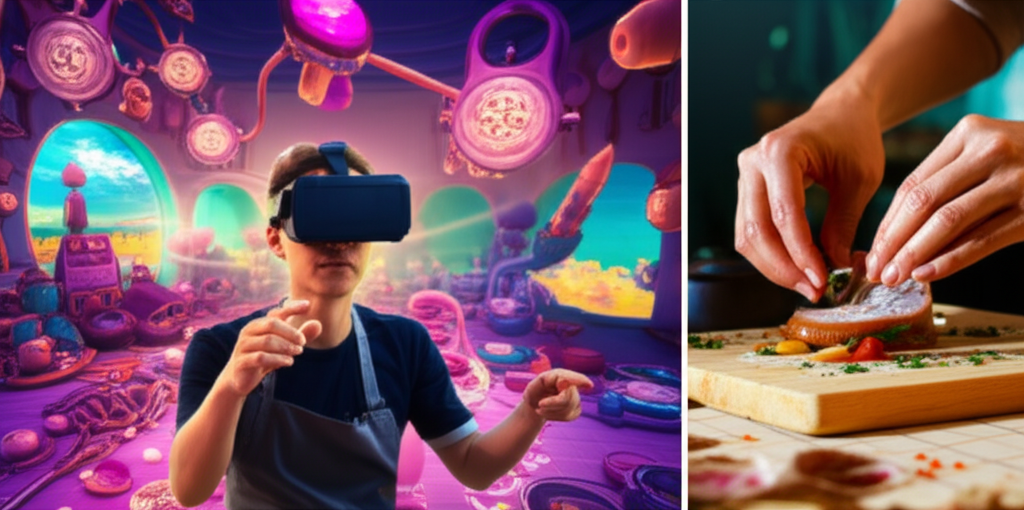 A split screen.  One side shows a person wearing a VR headset, immersed in a vibrant, fantastical virtual kitchen. The other side shows a close-up of the same person's hands meticulously preparing a dish, using real-world ingredients that match the virtual scene.