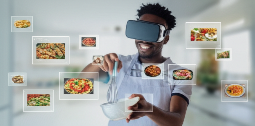 A person wearing a VR headset, smiling,  holding a virtual whisk and bowl, with various international dishes subtly appearing as holographic overlays around them in their VR environment.