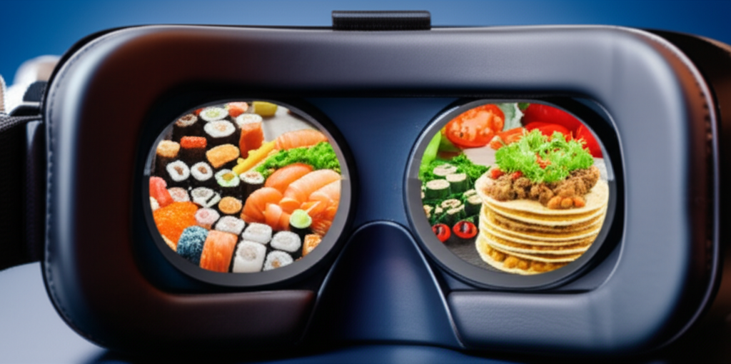 A close-up of a virtual reality headset with the reflection of diverse global foods (e.g., sushi, pasta, tacos) shimmering in the lenses.